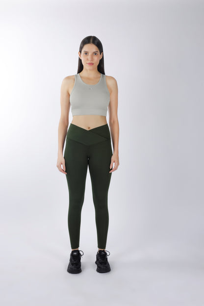 Cross Waist Band Olive Green Leggings