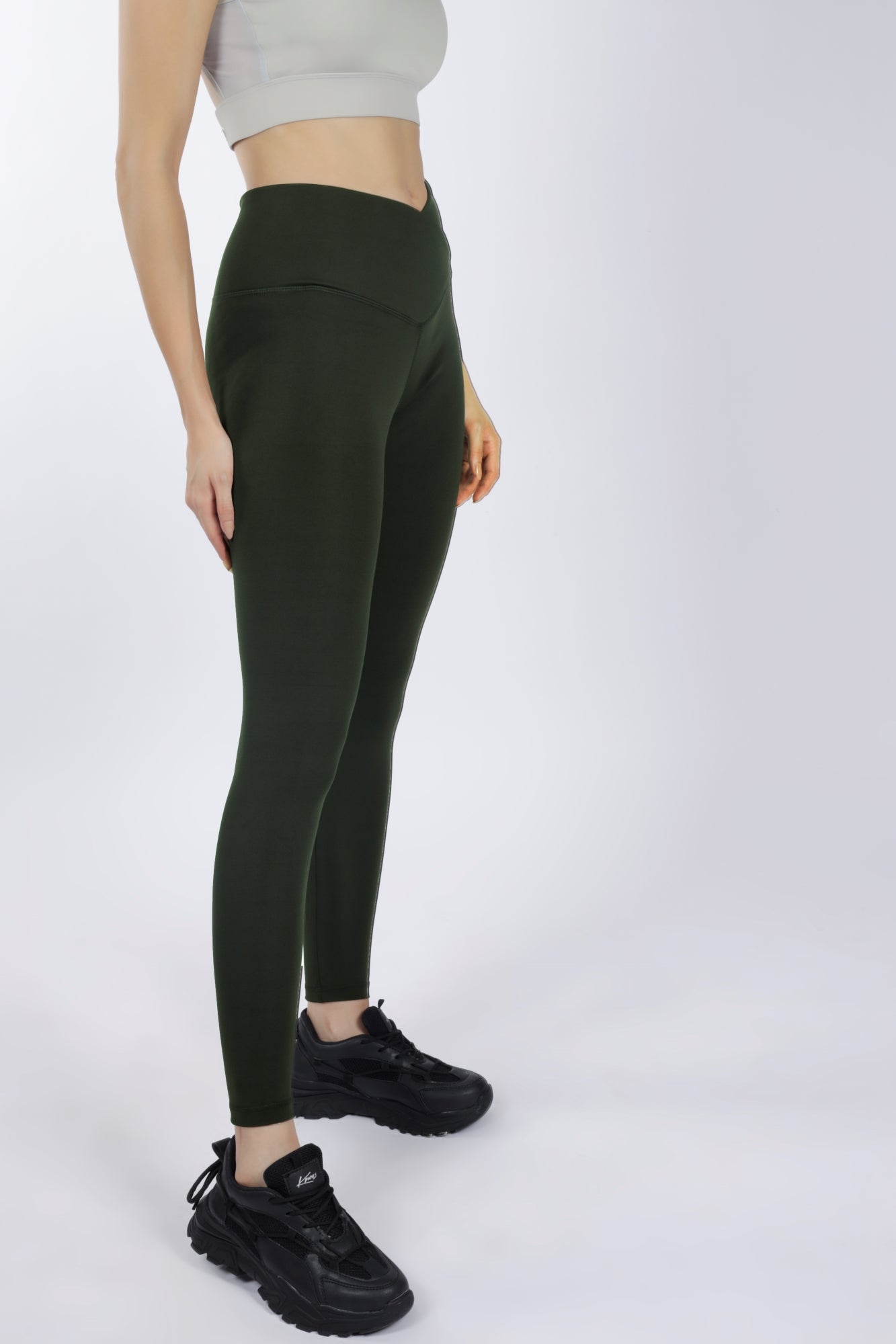 Cross Waist Band Olive Green Leggings